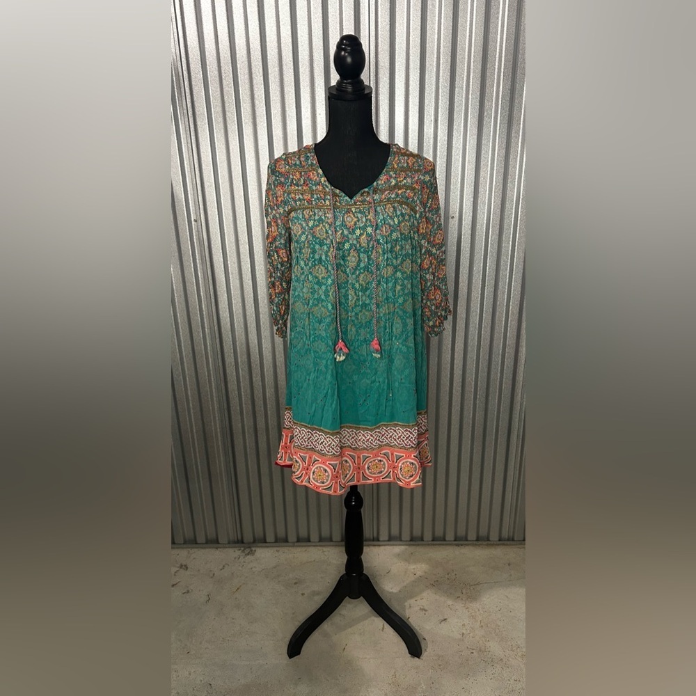 Women’s Tanvi Kedia Anthropologie Blue Pink Geometric 3/4 Sleeve Midi Dress XS - Picture 2 of 5